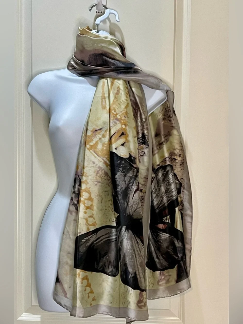 Large 100% Silk Butterfly Wrap Scarf Sarong in Gold Mauve Gray and Black 35x72